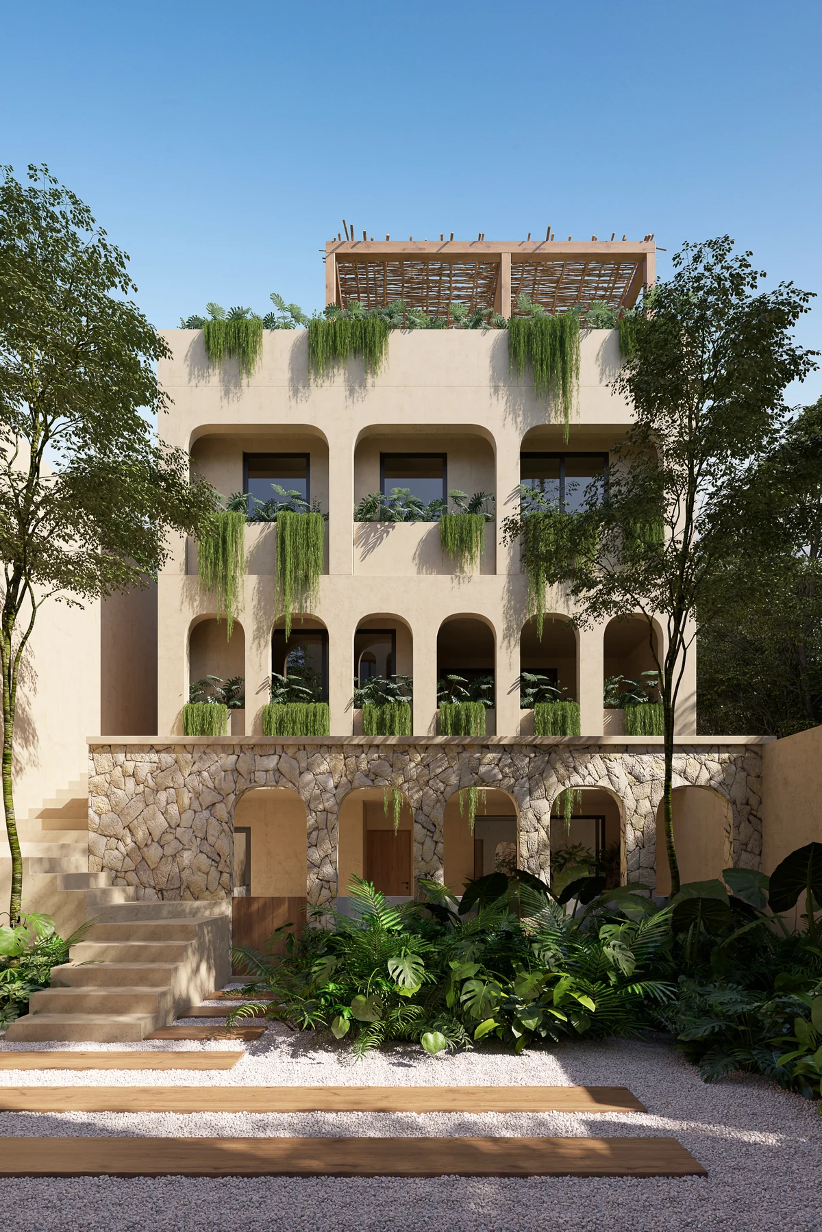 Image of a Building Exterior, featuring Tulum Style Architecture and Lush Landscaping.