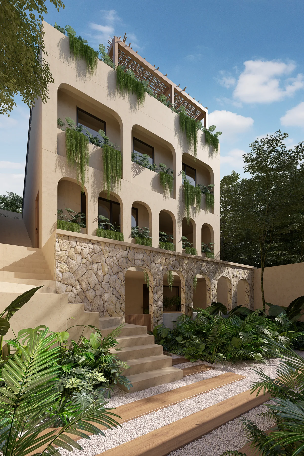 Image of a Building Exterior, featuring Lush Garden and Rooftop Pergola.