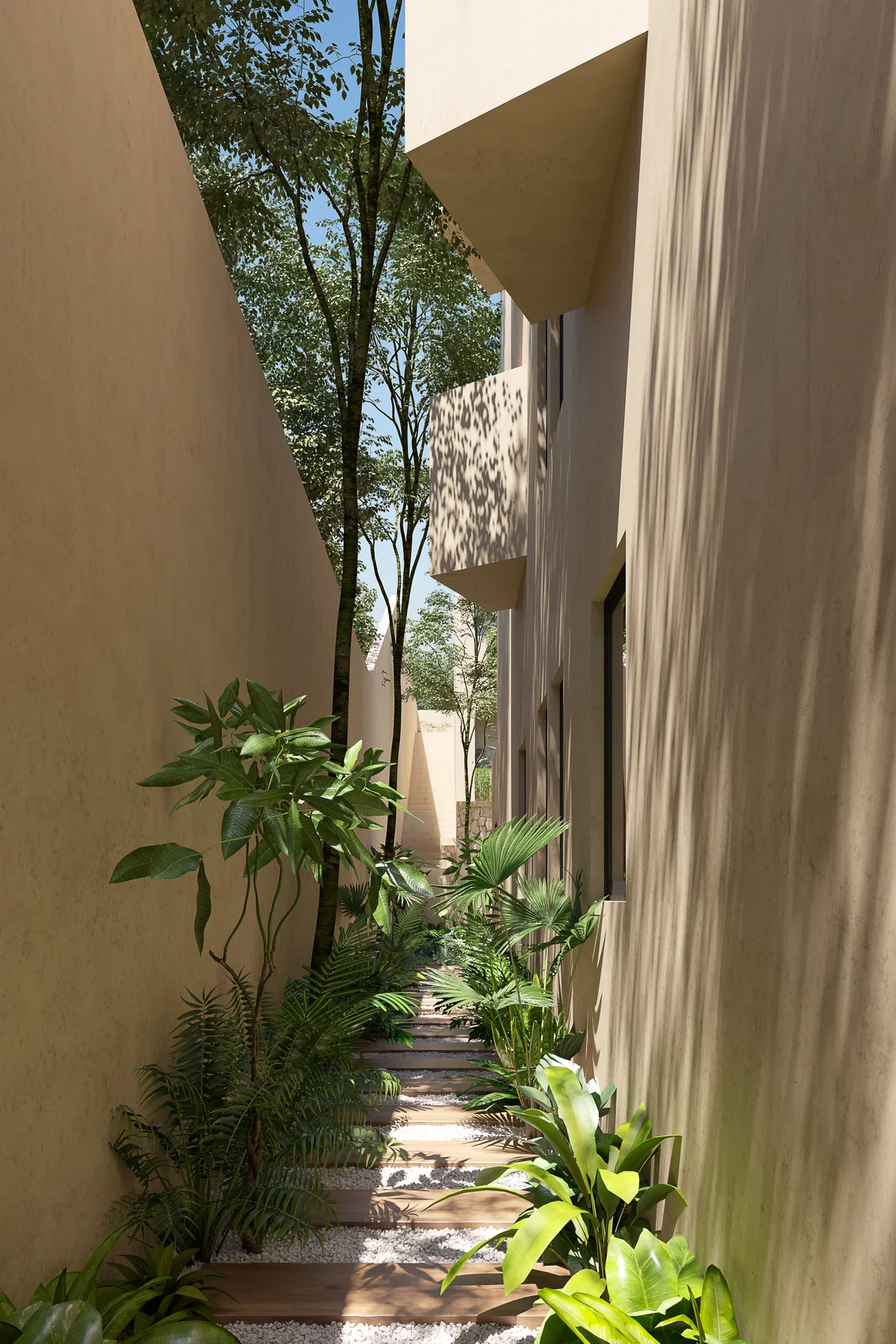 Image of a Landscaped Walkway, featuring Private Courtyard and Modern Architecture.