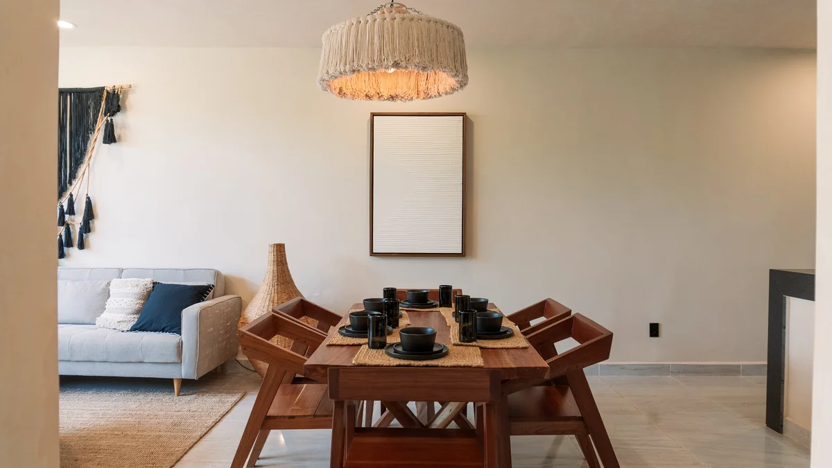 Image of a Dining Area, featuring Open Concept Living and Bohemian Decor.