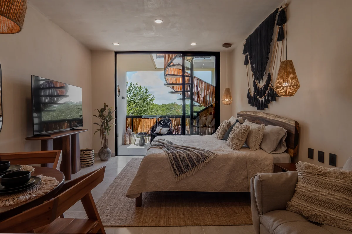 Image of a Studio Apartment, featuring Private Balcony and Bohemian Decor.