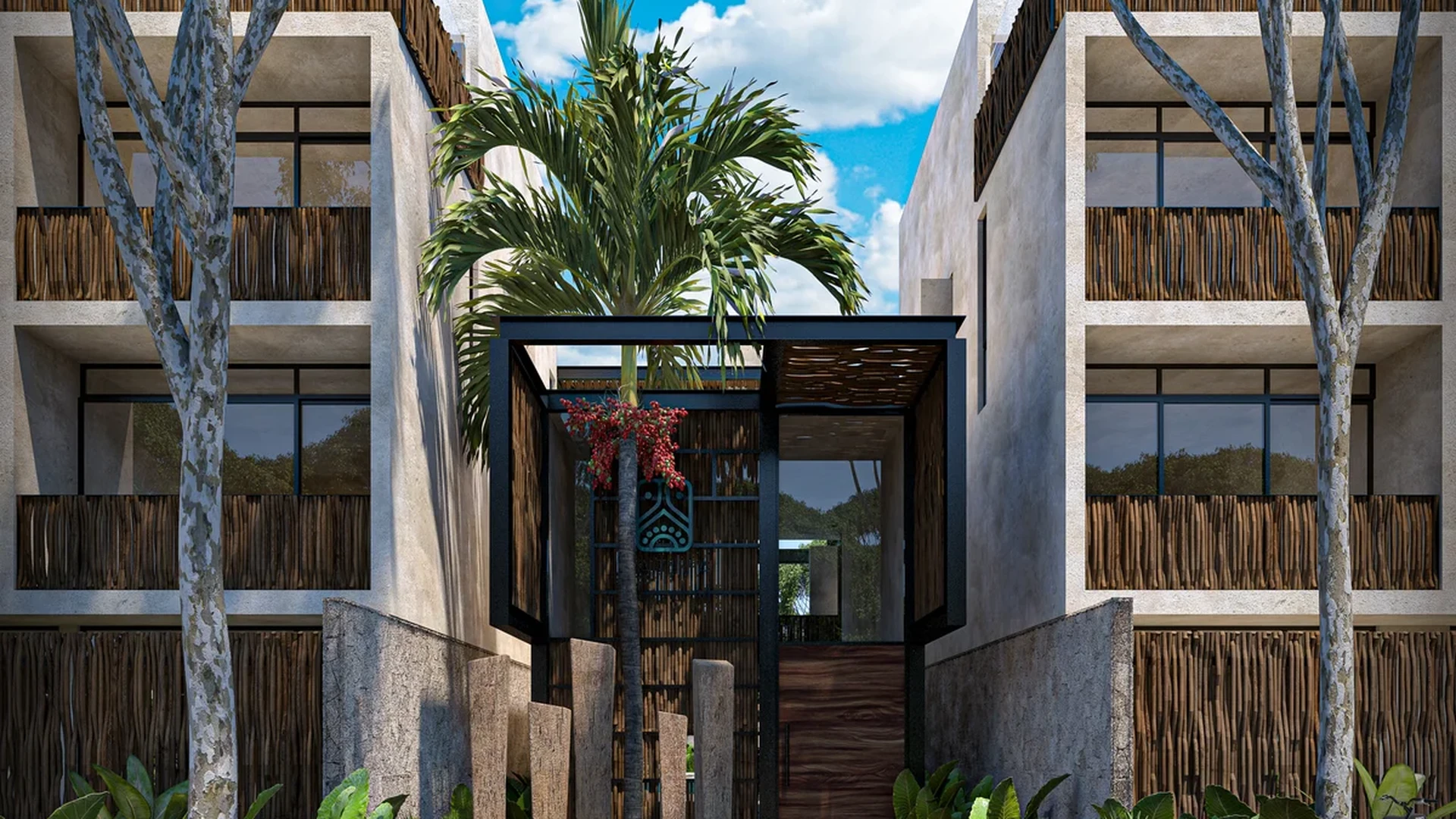 Image of a Building Exterior, featuring Tropical Modernism and Lush Landscaping.