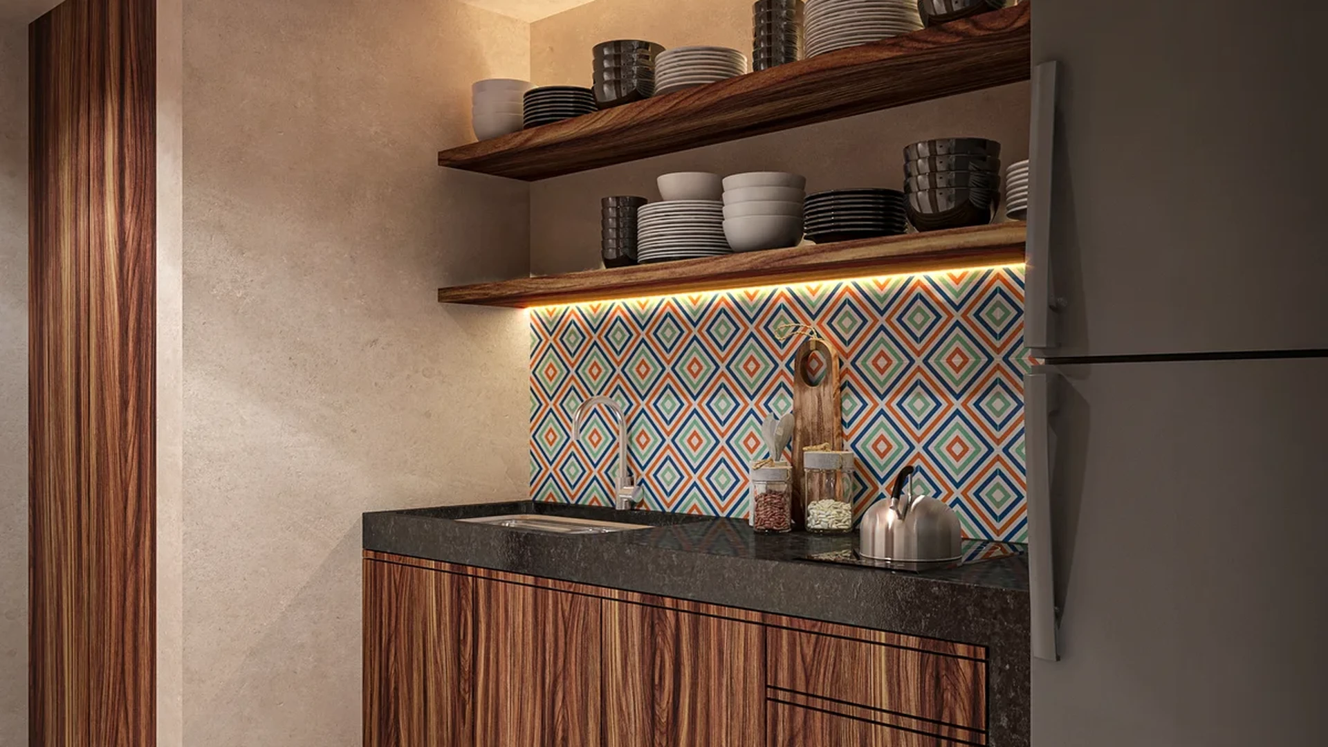 Image of a Kitchenette, featuring Wood Cabinetry and Stone Countertops.