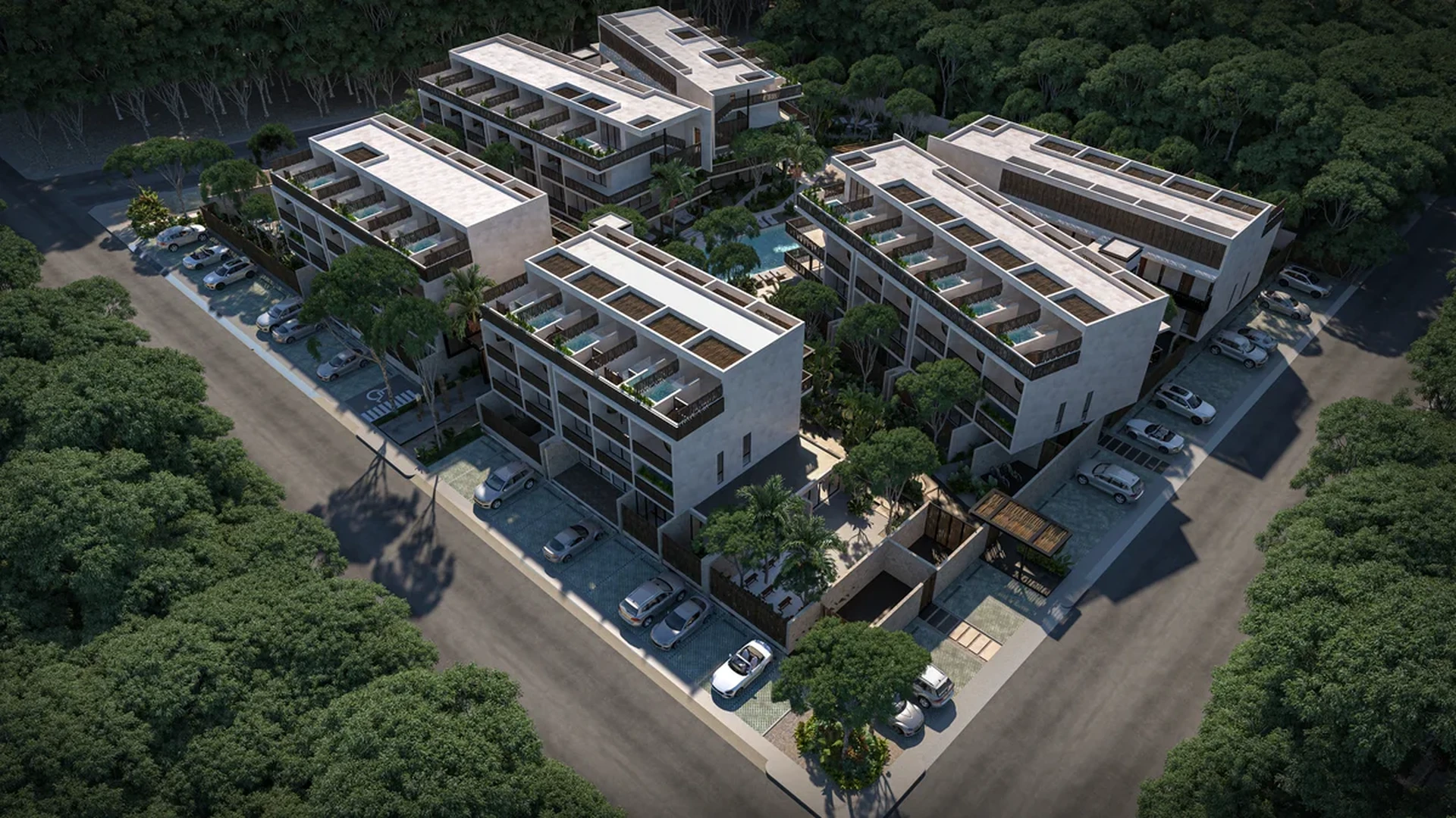 Image of a Modern Condo Complex, featuring Architectural Rendering and Jungle Setting.