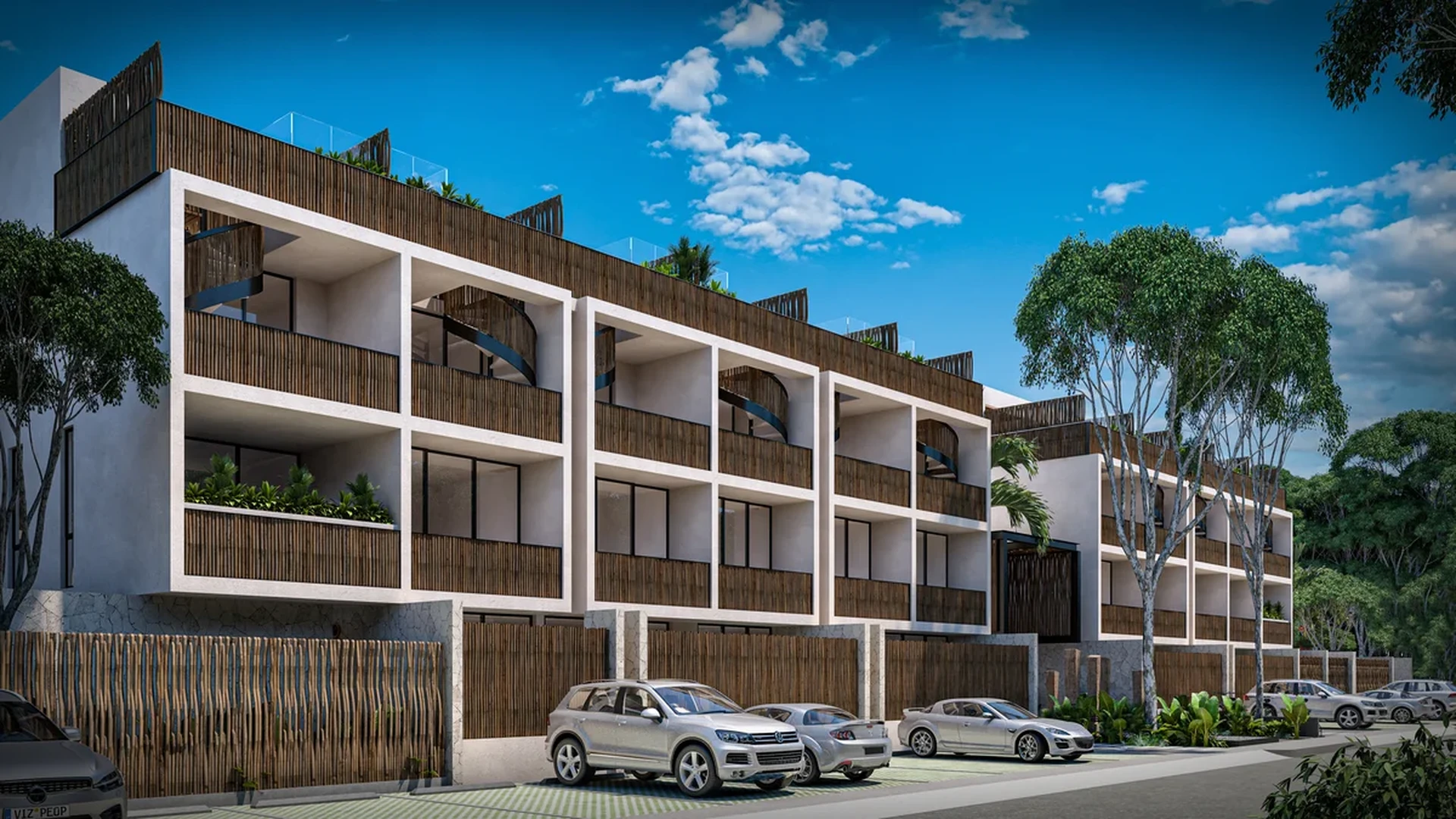 Image of a Modern Apartment Building, featuring Private Balconies and Rooftop Terrace.