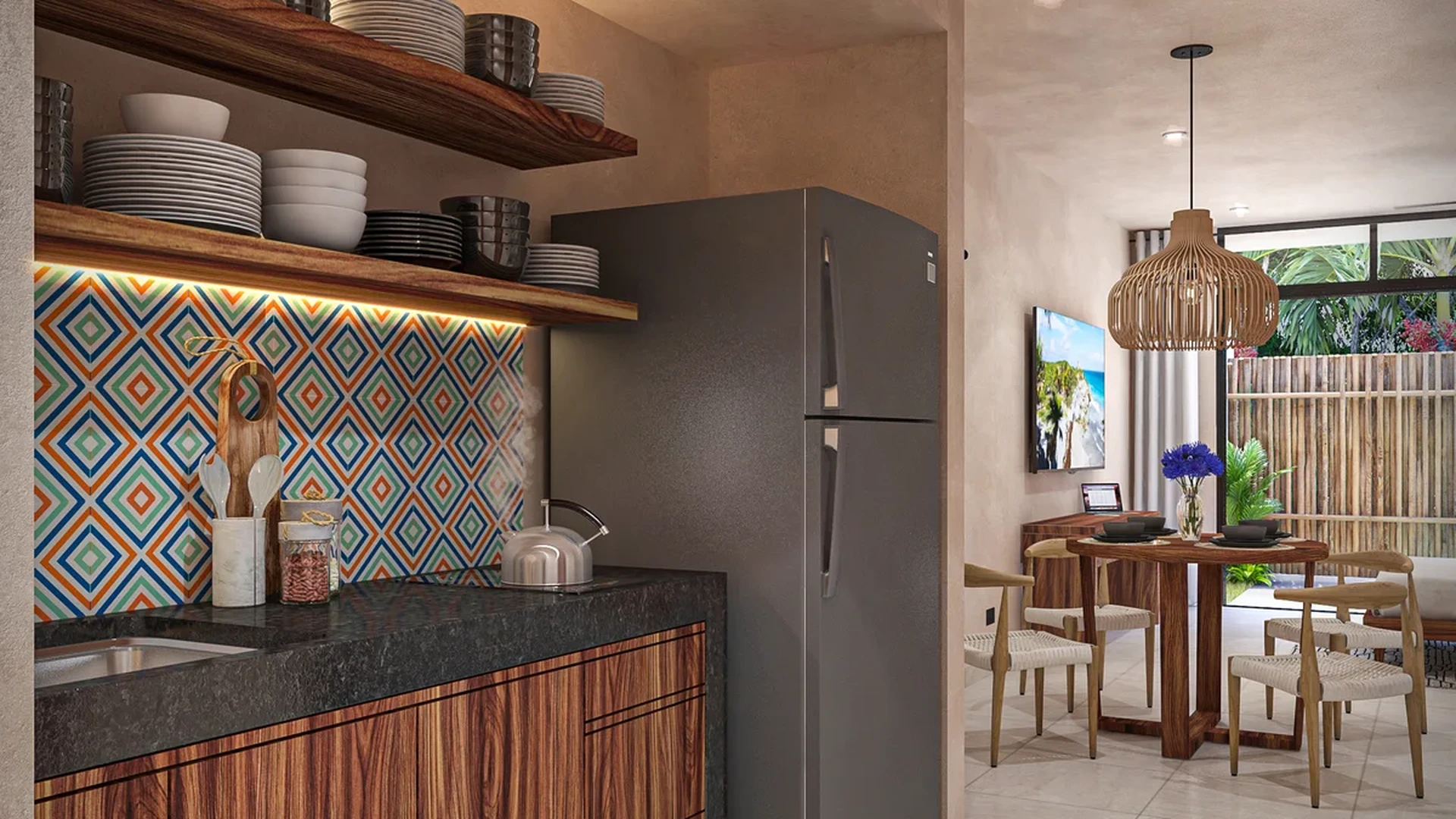 Image of a Open-Concept Kitchen, featuring Dining Area and Wood-Grain Cabinetry.