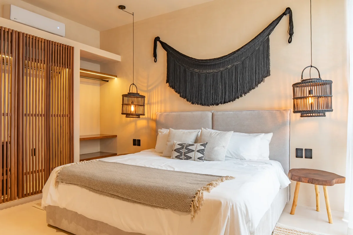 Image of a Master Bedroom, featuring Bohemian Chic Decor and Wood Slat Wardrobe.