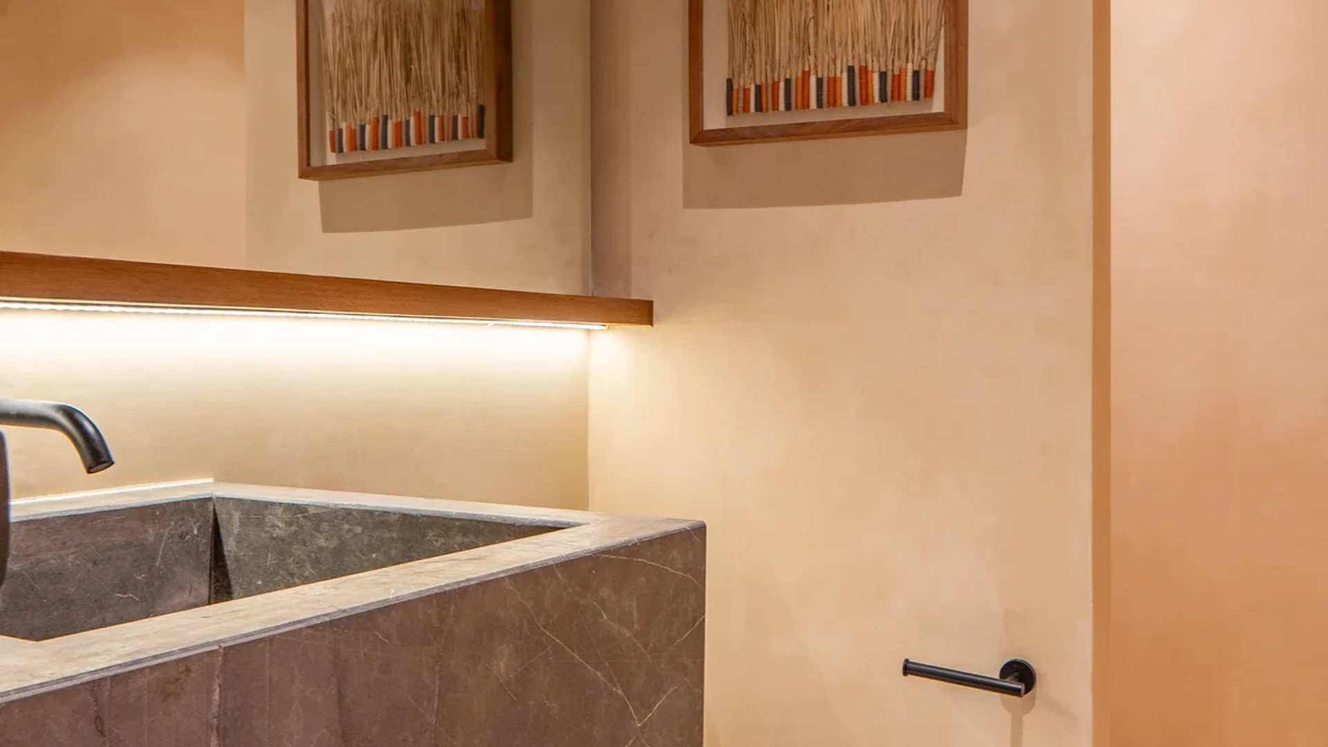 Image of a Modern Bathroom, featuring Stone Vessel Sink and Marble Vanity.