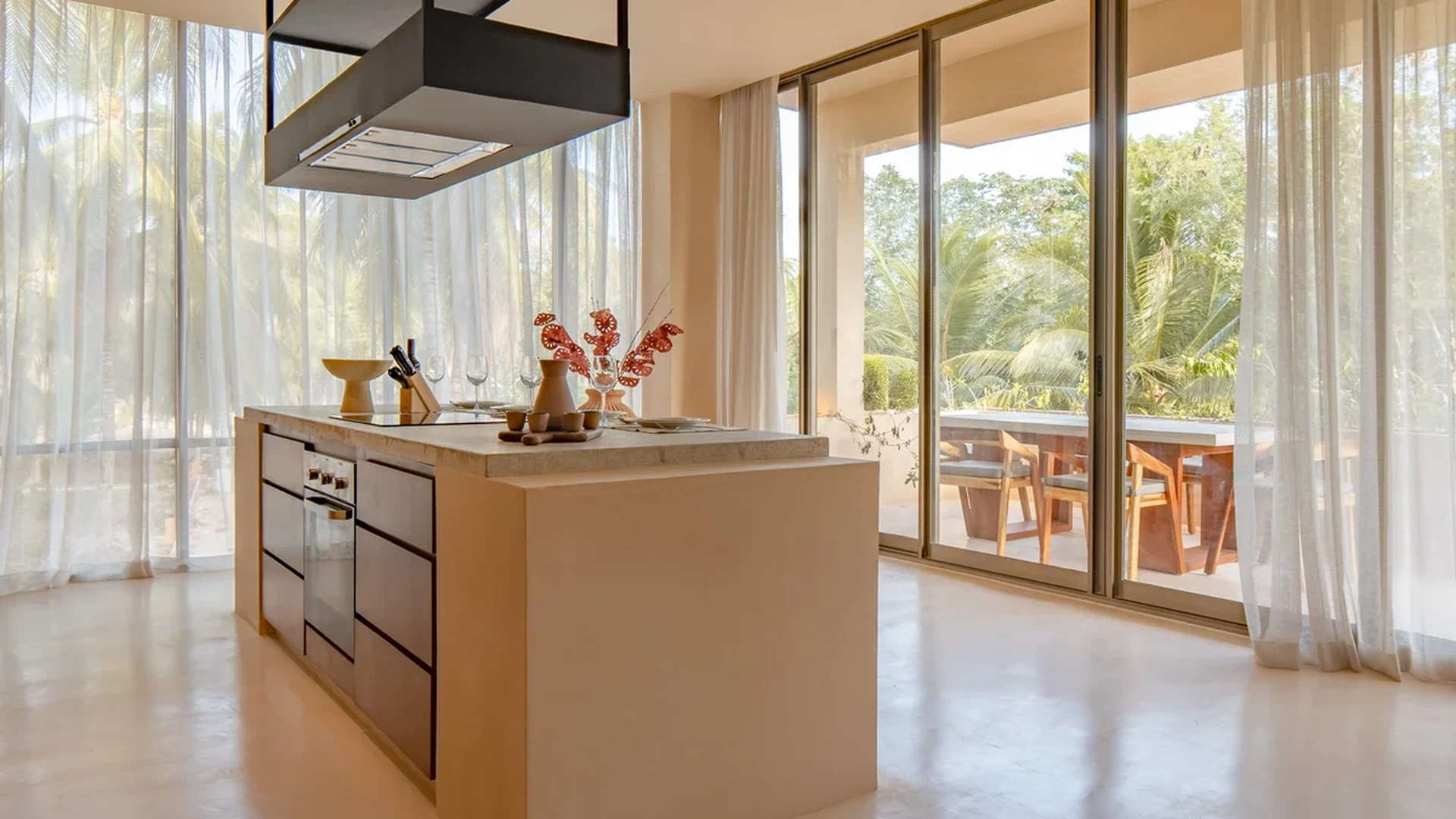 Image of a Modern Kitchen, featuring Kitchen Island and Floor-to-Ceiling Windows.