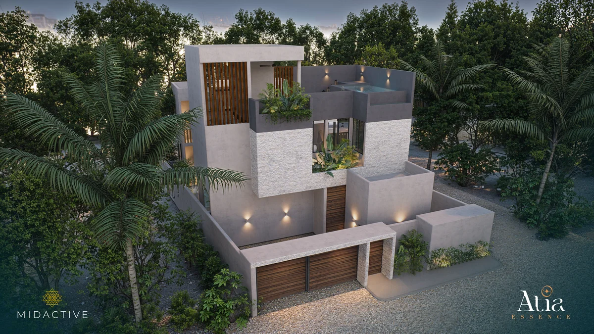 Image of a Modern Villa, featuring Rooftop Plunge Pool and Lush Landscaping.