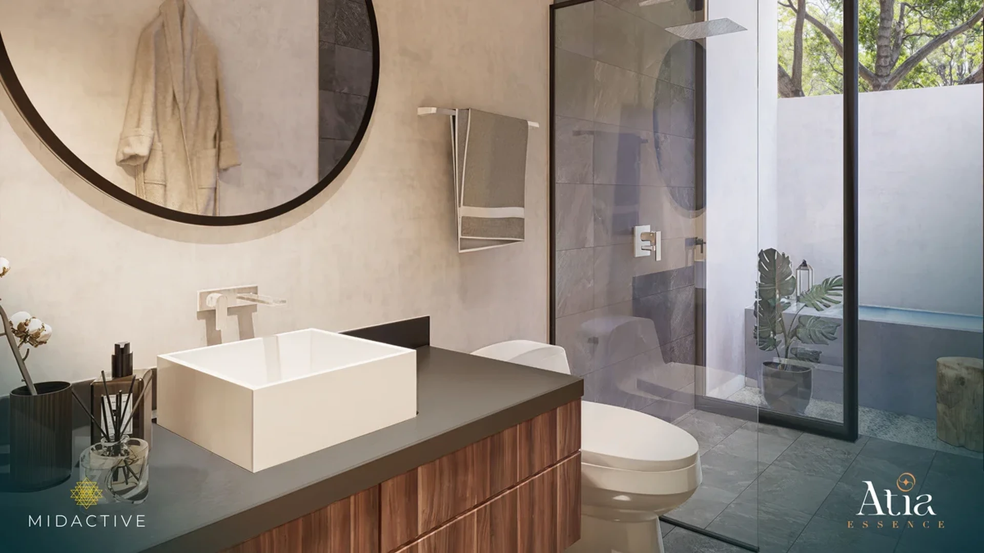 Image of a Modern Bathroom, featuring Glass-Enclosed Shower and Rainfall Showerhead.