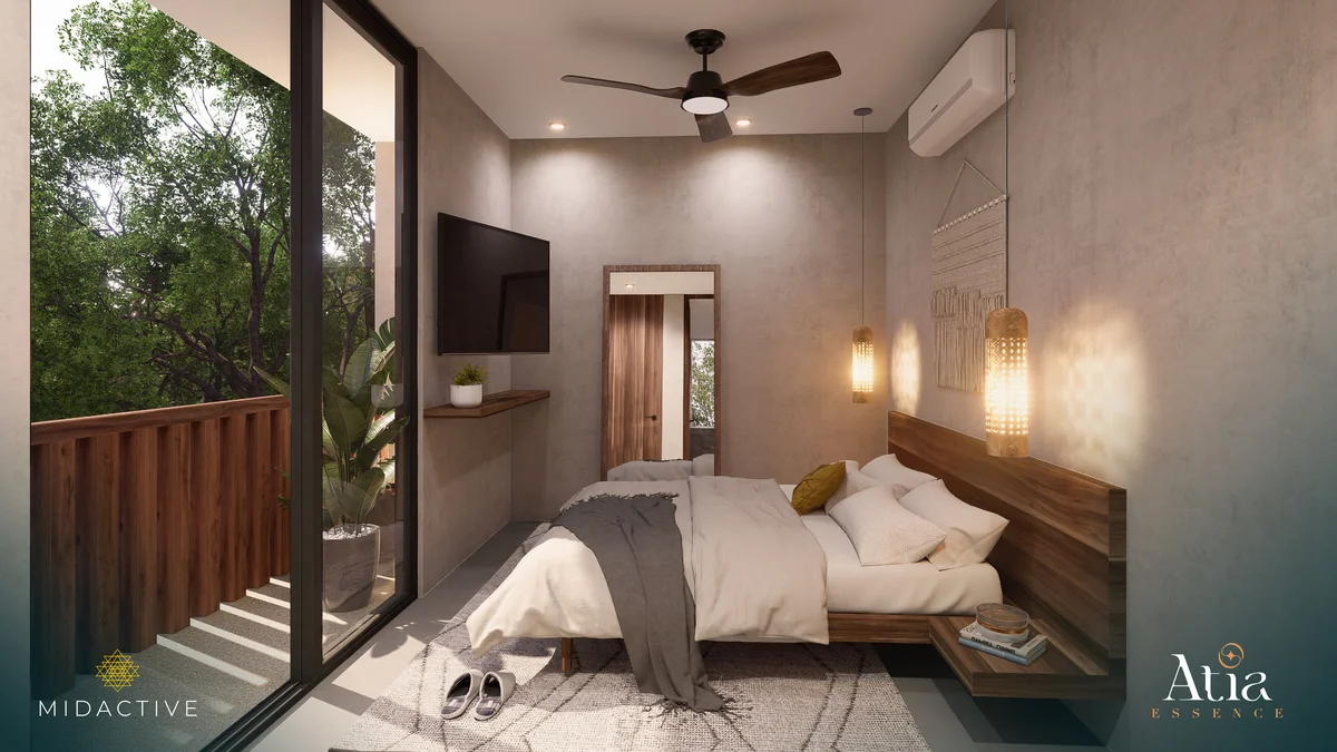 Image of a Modern Bedroom, featuring Private Balcony and Nature View.