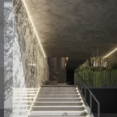 Image of a Grand Staircase, featuring Marble Wall and Integrated Lighting.