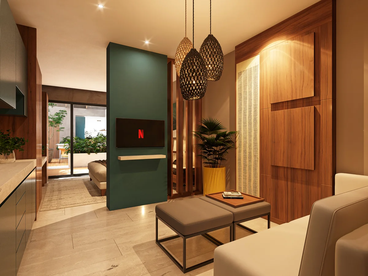 Image of a Modern Living Area, featuring Open-Concept Layout and Wood Accent Wall.