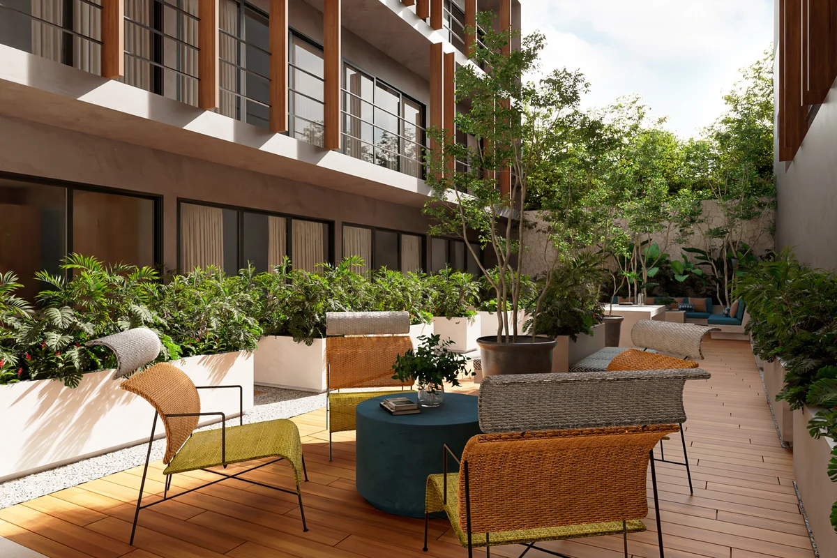 Image of a Outdoor Lounge, featuring Landscaped Courtyard and Wood Decking.