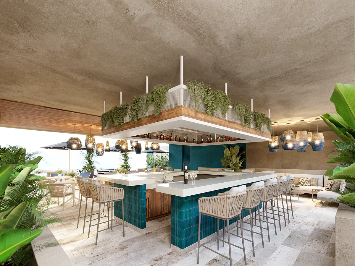 Image of a Rooftop Bar, featuring Outdoor Lounge and Island Bar.