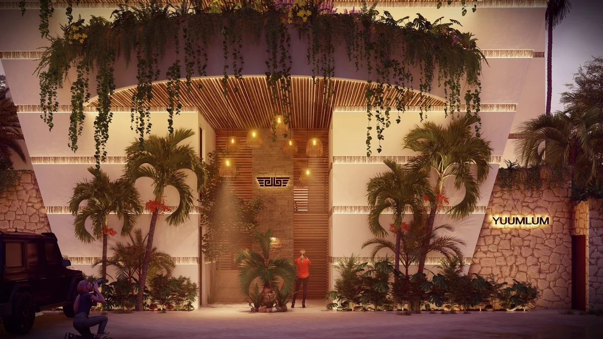 Image of a Luxury Lobby Entrance, featuring Tropical Architecture and Bohemian Chic Design.