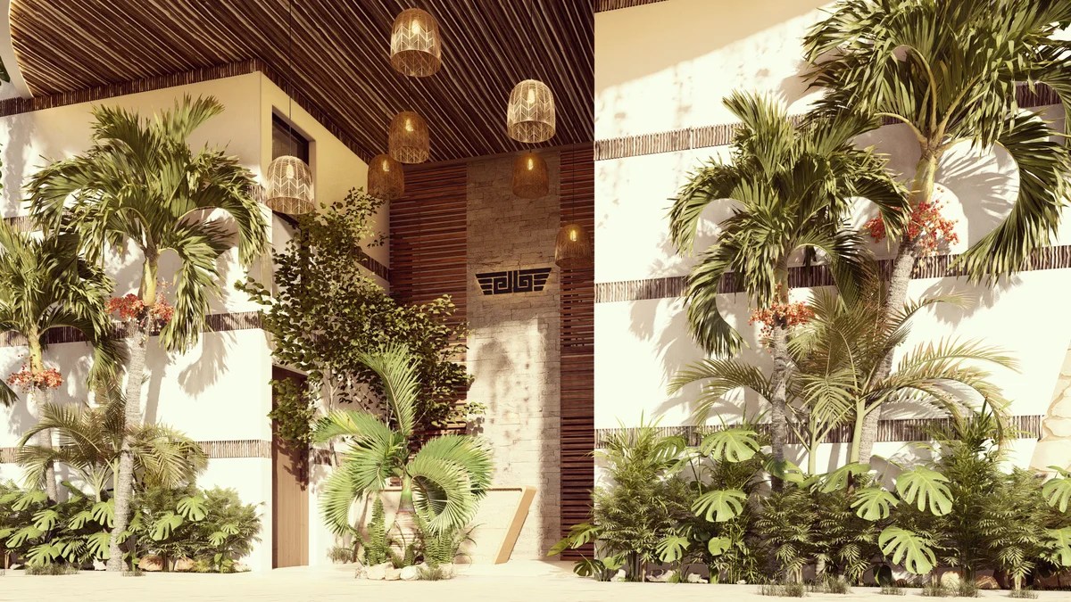 Image of a Lobby Entrance, featuring Tropical Landscaping and Modern Tropical Design.