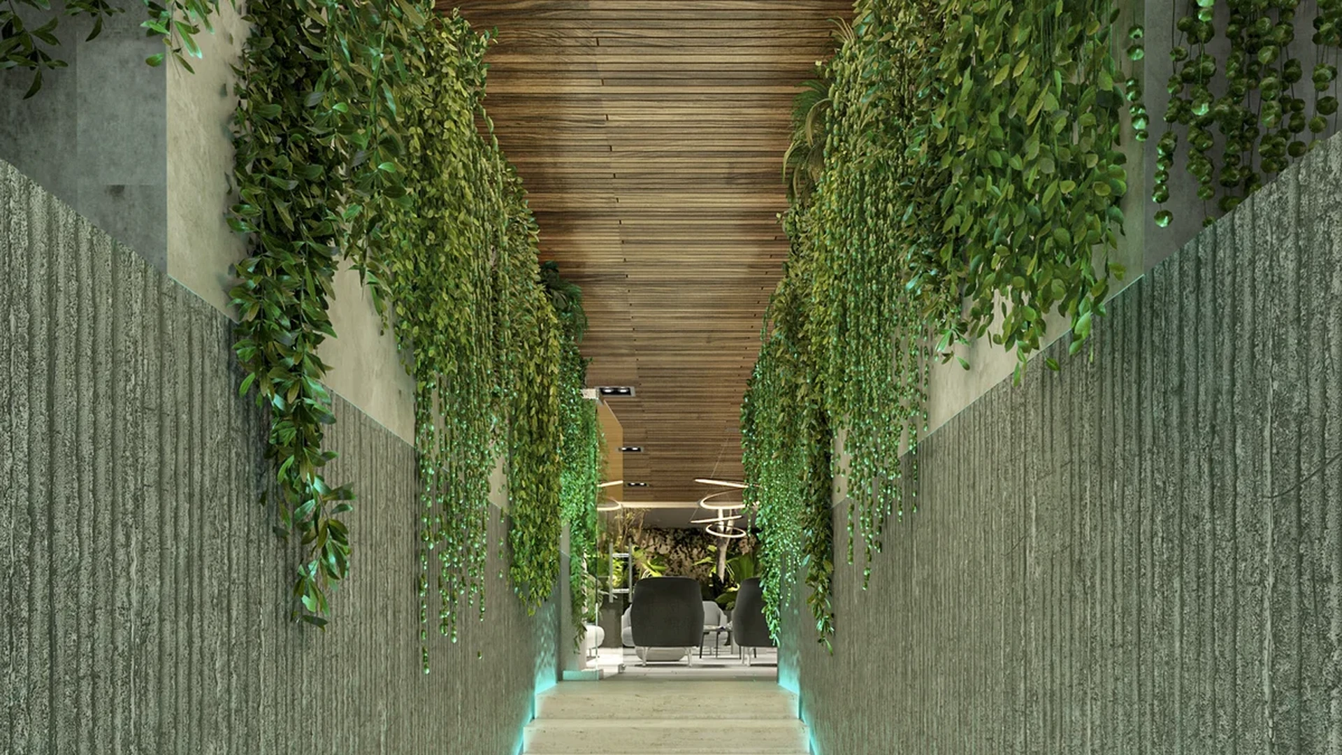 Image of a Grand Entrance Hallway, featuring Biophilic Design and Hanging Greenery.