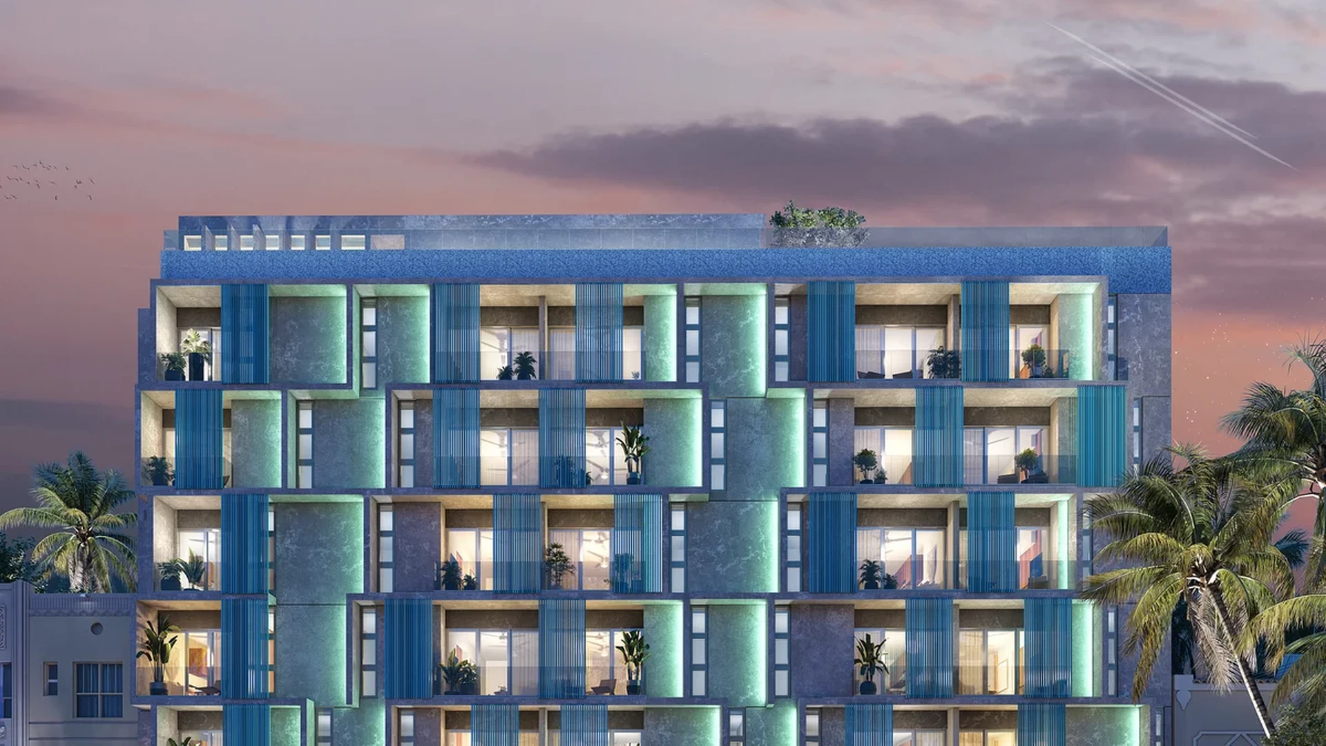 Image of a Modern Apartment Building, featuring Rooftop Pool and Private Balconies.