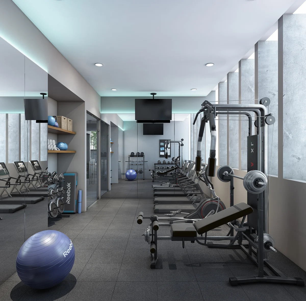 Image of a Fitness Center, featuring Fully-Equipped Gym and Modern Design.