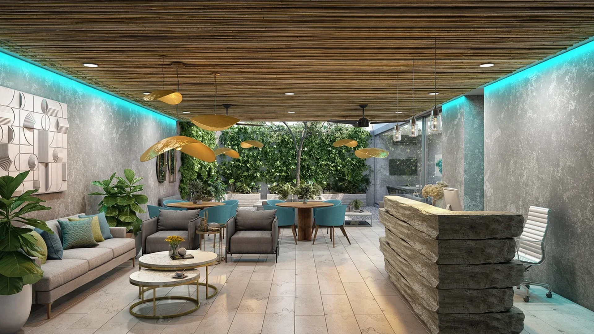 Image of a Lobby Lounge, featuring Biophilic Design and Bamboo Ceiling.