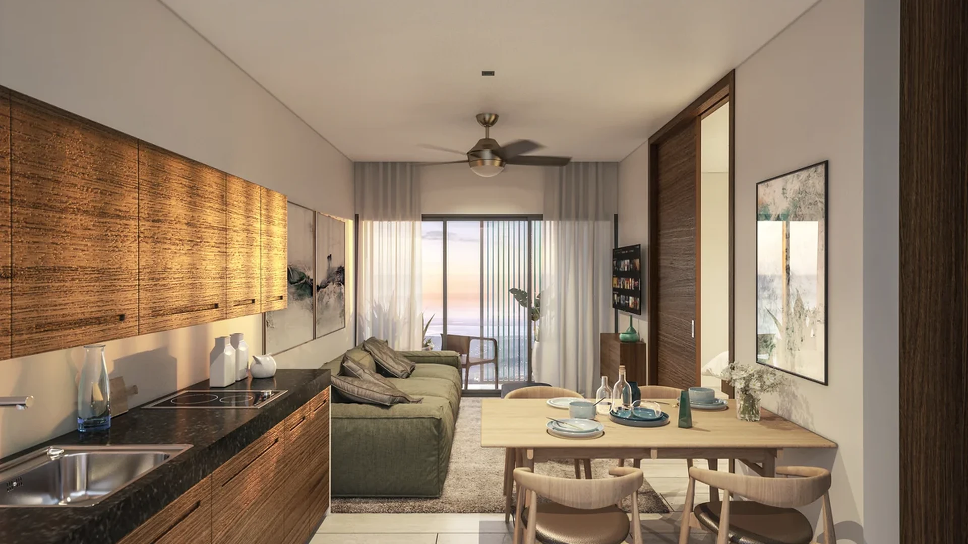 Image of a Open Concept Living, featuring Ocean View Balcony and Modern Kitchen.