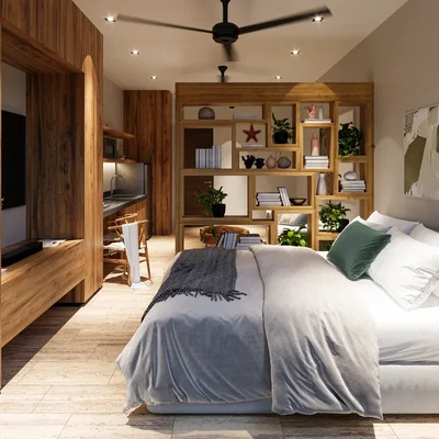 Image of a Studio Apartment, featuring Modern Design and Custom Woodwork.