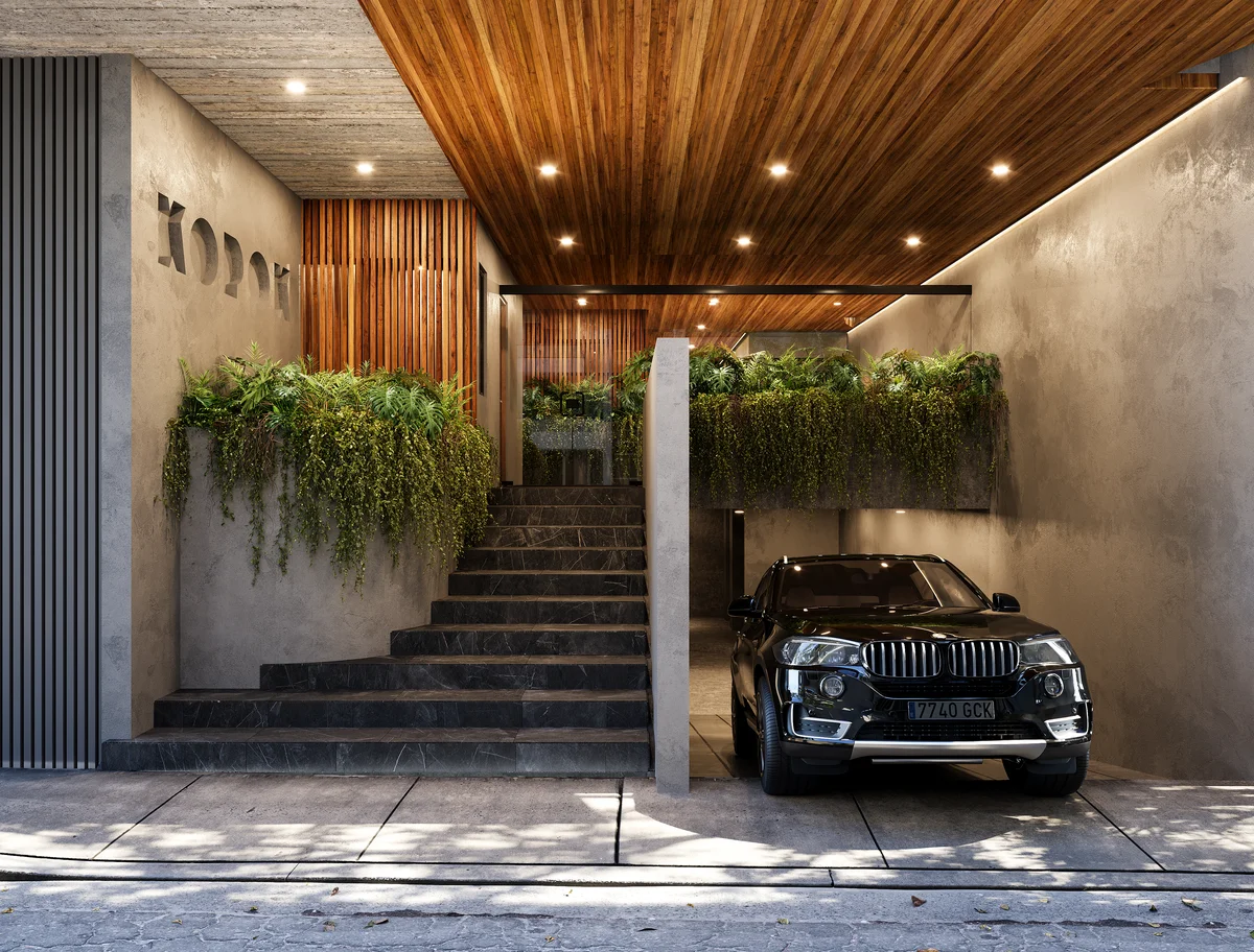 Image of a Modern Entrance, featuring Private Garage and Wood Panel Ceiling.