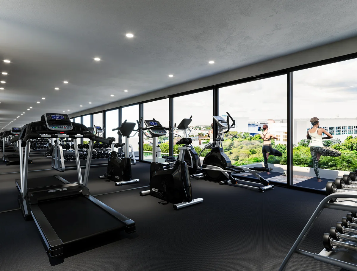 Image of a Fitness Center, featuring Cardio Equipment and Free Weights.