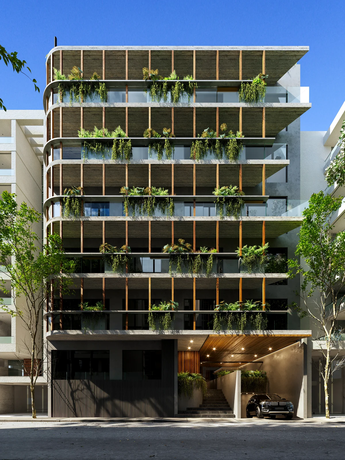 Image of a Modern Apartment Building, featuring Biophilic Design and Curved Balconies.