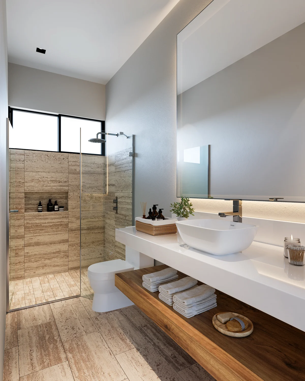 Image of a Modern Bathroom, featuring Walk-in Shower and Travertine Tile.