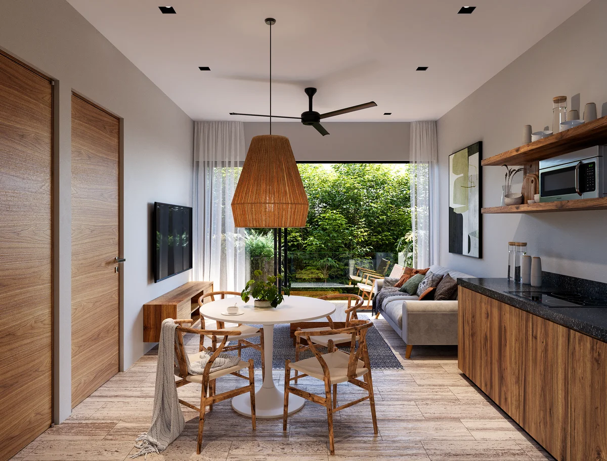 Image of a Open Concept Living, featuring Modern Kitchenette and Natural Wood Cabinetry.