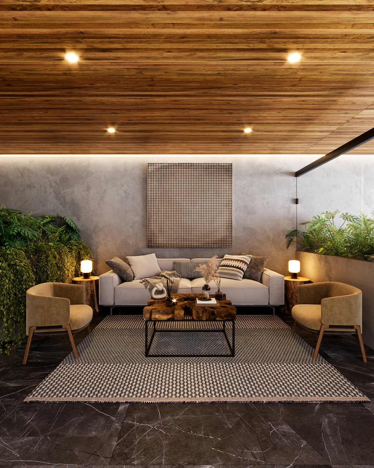 Image of a Lounge Area, featuring Modern Furnishings and Wood Panel Ceiling.