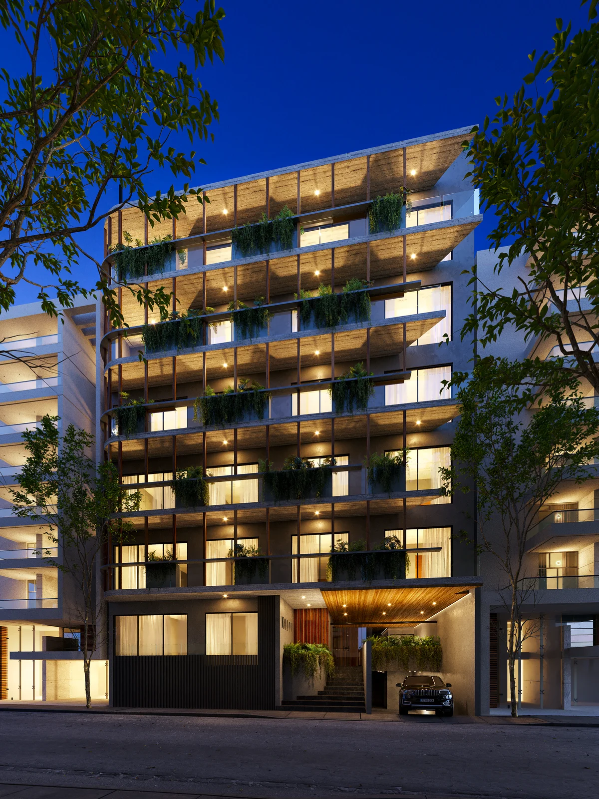 Image of a Modern Apartment Building, featuring Architectural Rendering and Private Balconies.