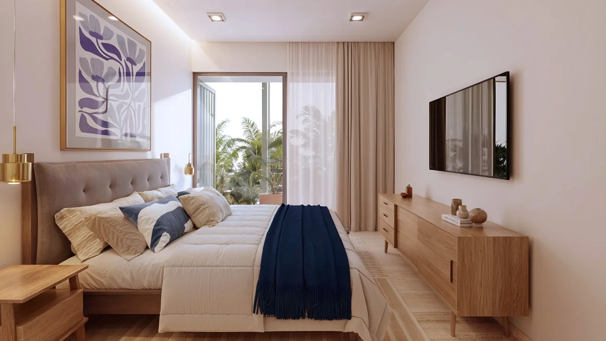 Image of a Master Bedroom, featuring Private Balcony and Tropical View.