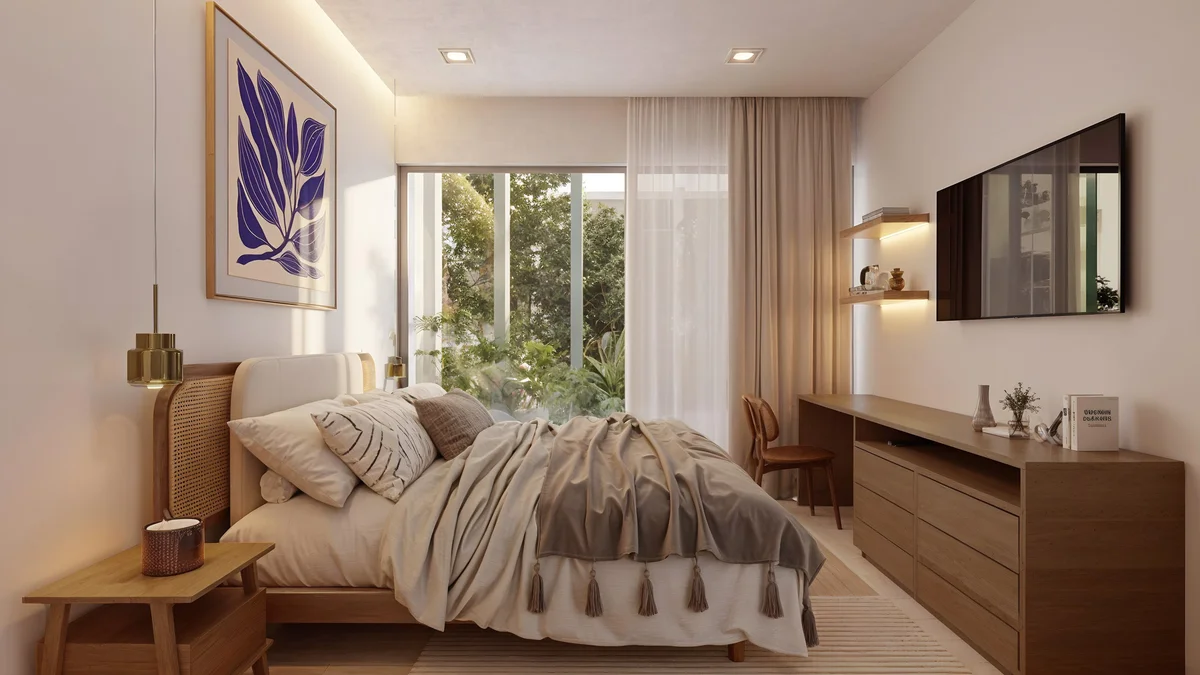 Image of a Master Bedroom, featuring Japandi Style and Garden View.