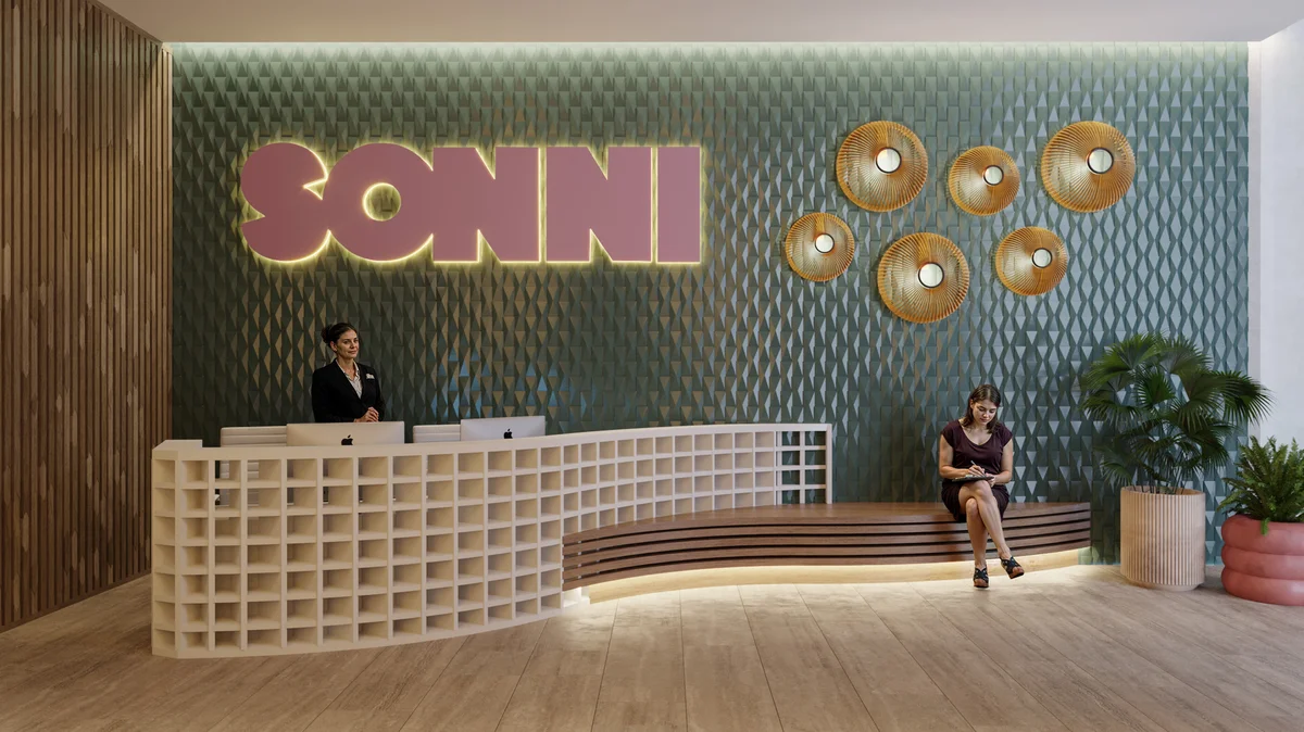 Image of a Modern Lobby, featuring Designer Reception Desk and Geometric Accent Wall.