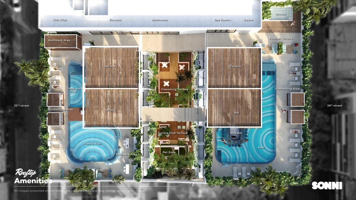 Image of a Rooftop Amenities, featuring Architectural Rendering and Resort-Style Pools.