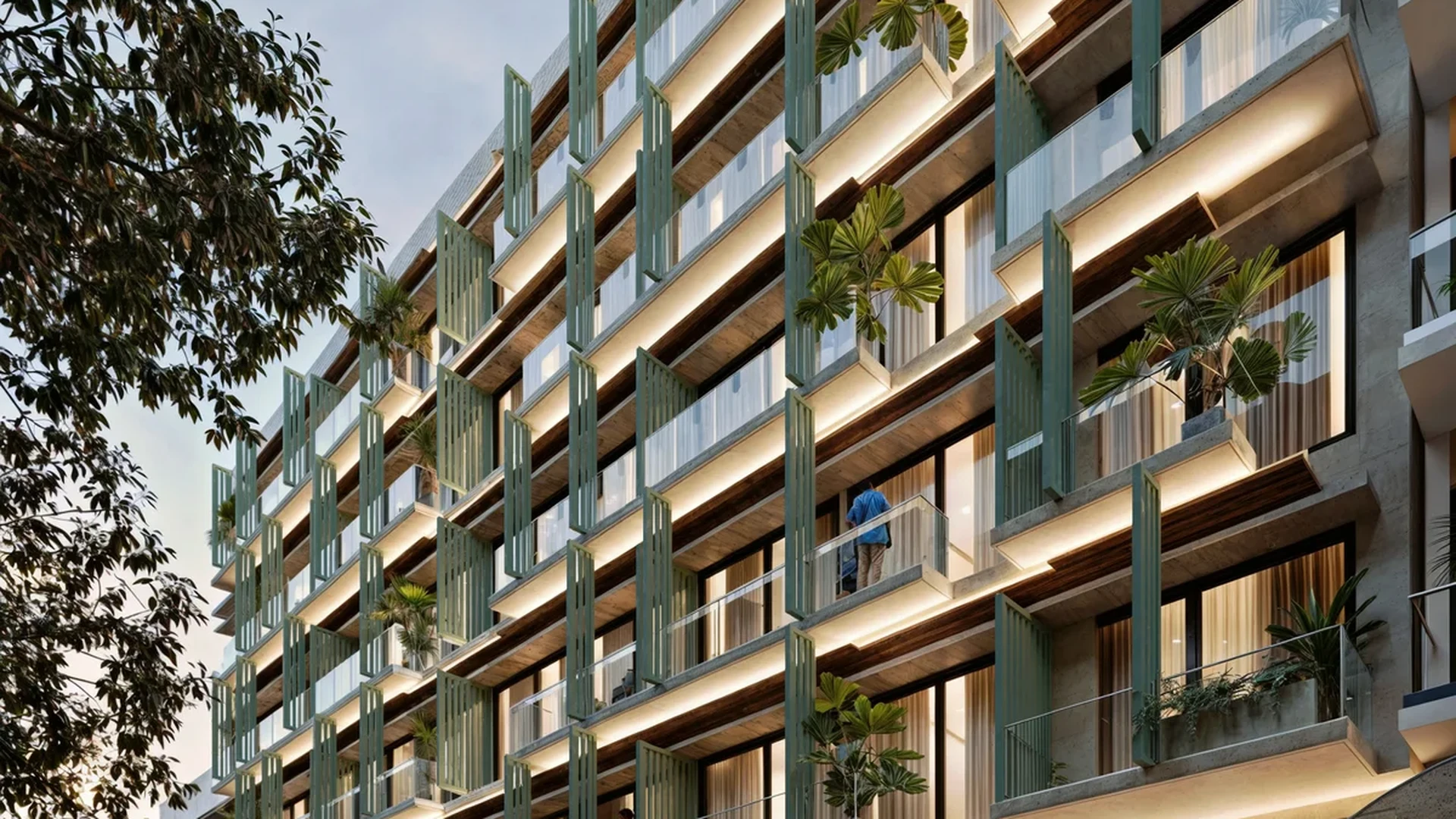Image of a Modern Apartment Exterior, featuring Private Balconies and Architectural Louvers.