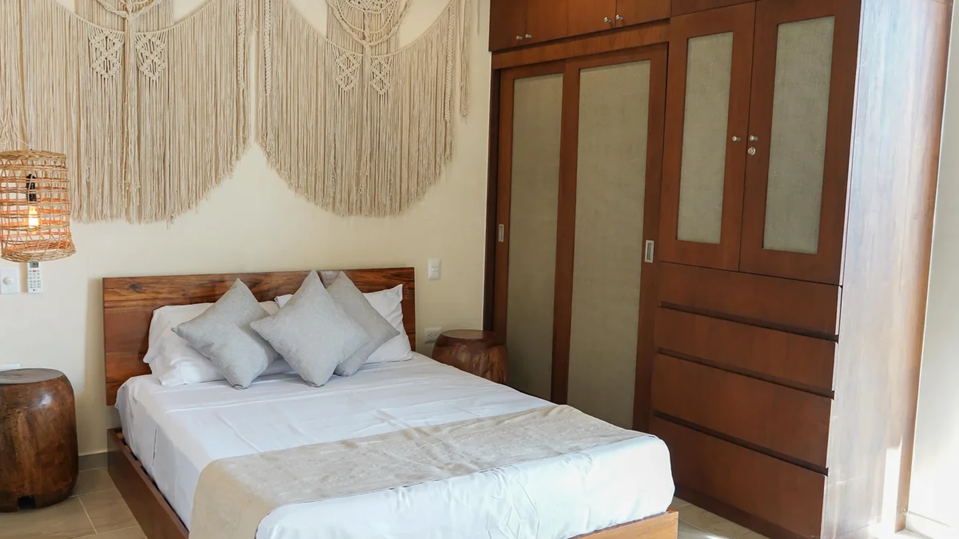 Image of a Bedroom, featuring Bohemian Decor and Macrame Wall Art.