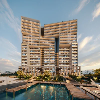 Image of a Waterfront Property, featuring Modern Architecture and Luxury High-Rise.