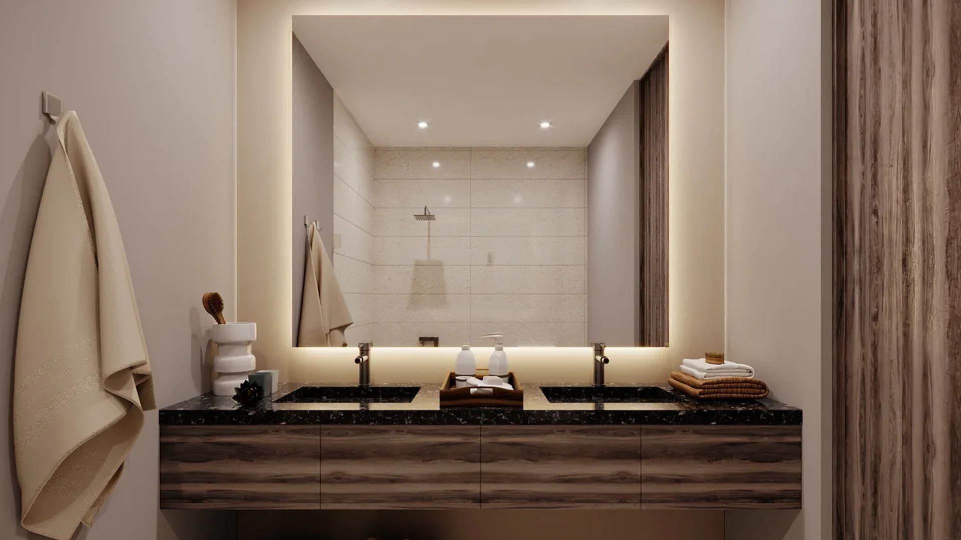 Image of a Modern Bathroom, featuring Dual Vanity and Floating Vanity.