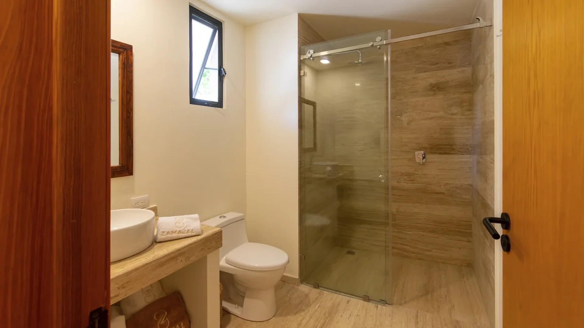 Image of a Modern Bathroom, featuring Walk-in Shower and Glass Shower Enclosure.