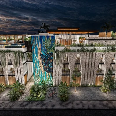 Image of a Tropical Modern Architecture, featuring Rooftop Pool Terrace and Luxury Condos.