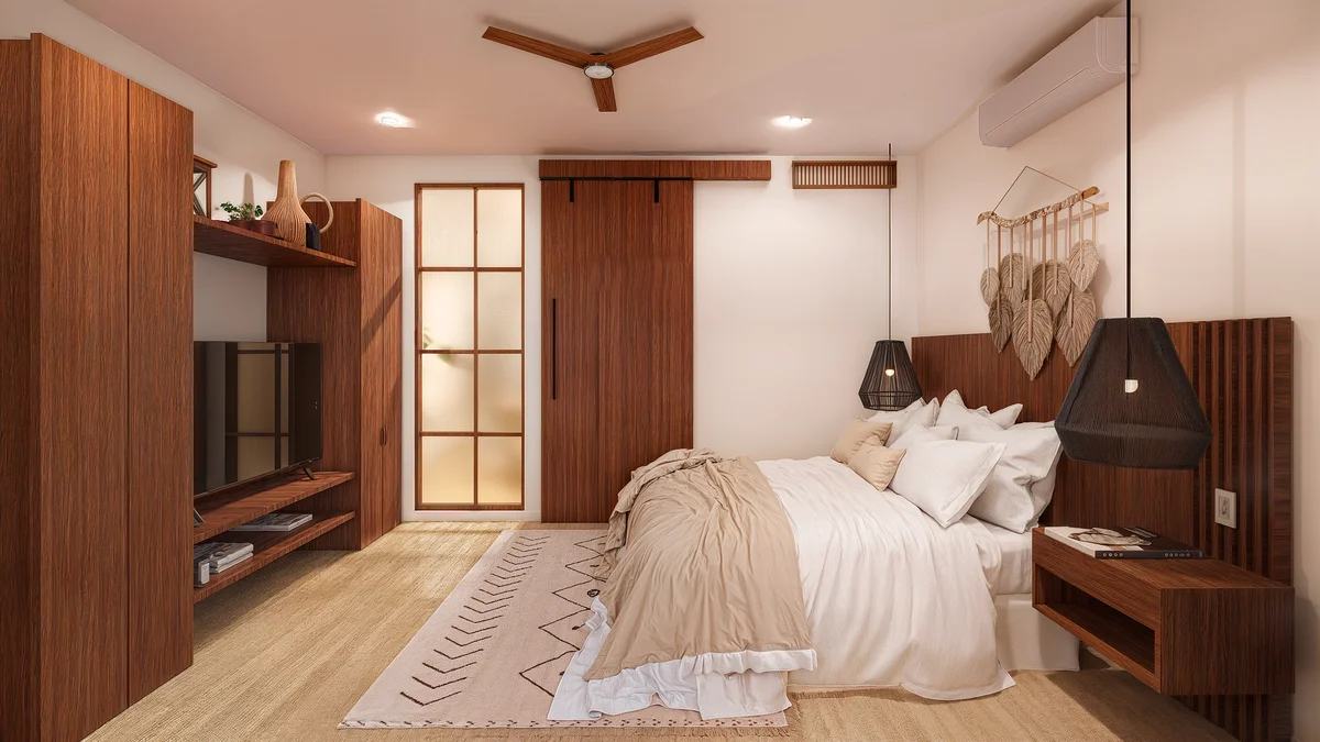 Image of a Bedroom, featuring Modern Design and Wood Finishes.