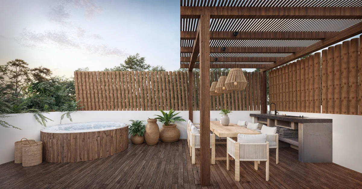 Image of a Rooftop Terrace, featuring Private Jacuzzi and Outdoor Dining.