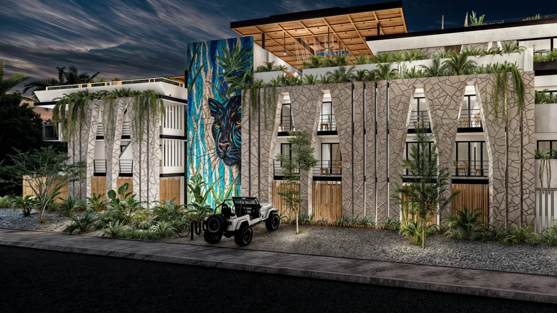 Image of a Modern Tropical Architecture, featuring Luxury Apartment Building and Stone-Clad Facade.