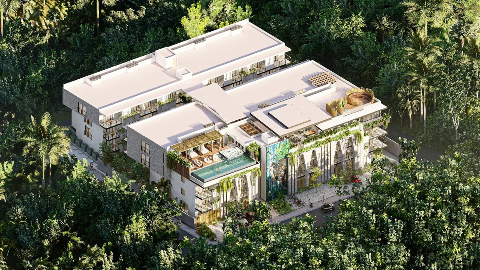 Image of a Rooftop Pool, featuring Modern Condominiums and Jungle Setting.