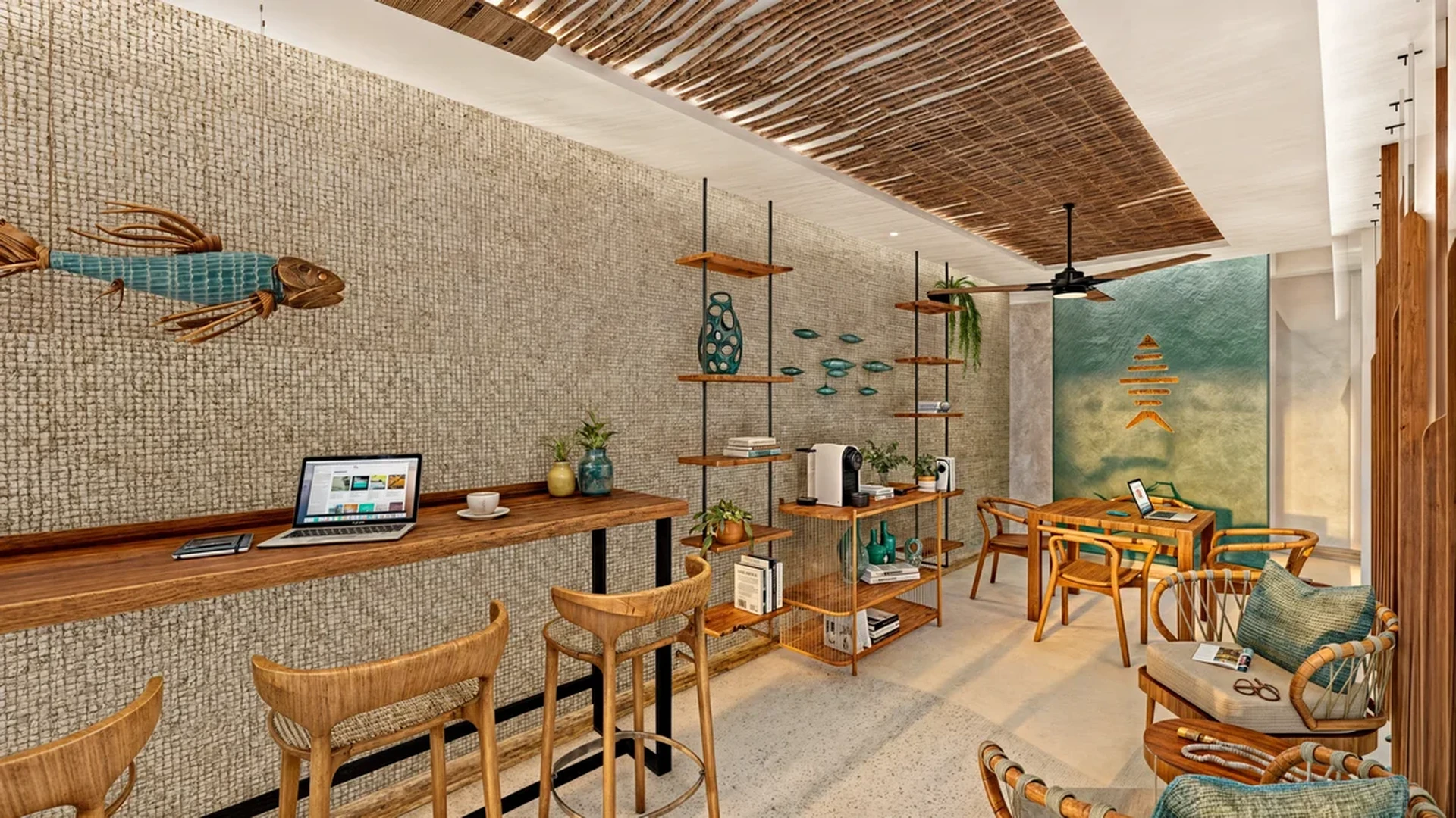 Image of a Coworking Space, featuring Residents Lounge and Bohemian Chic Decor.